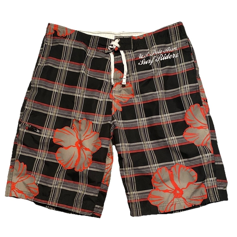US Polo Assn Surf Riders Mens Plaid Floral Board Shorts Black Orange 10-4104-P6
